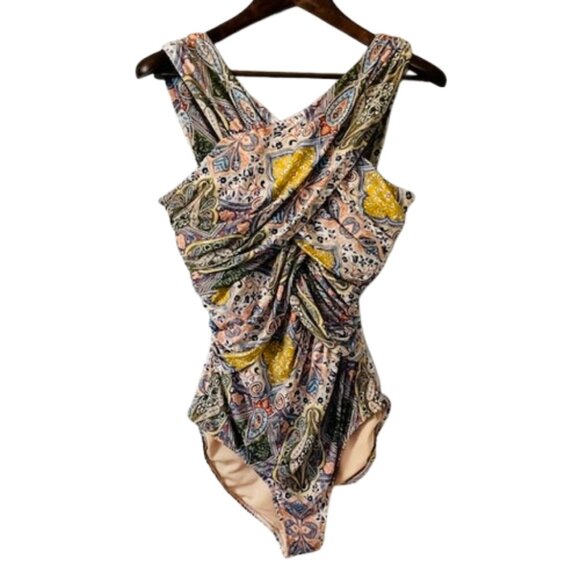 Garnet Hill Ruched Front Crossover Strap One Piece Swimsuit Baroque Paisley 12 - Picture 2 of 9